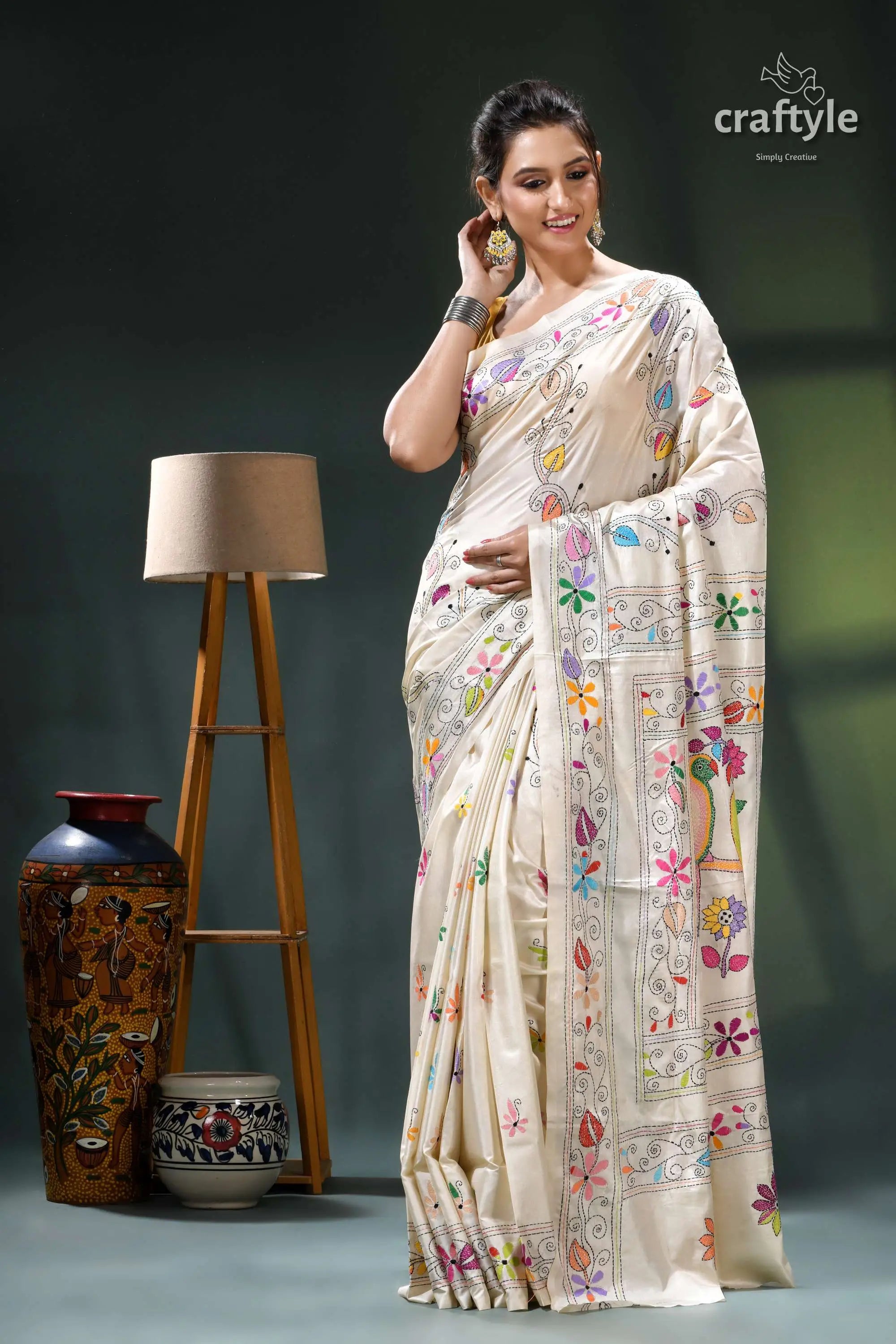 Pearl white parrot design multi-thread silk kantha work saree cream-colored saree floral embroidery crafted 6
