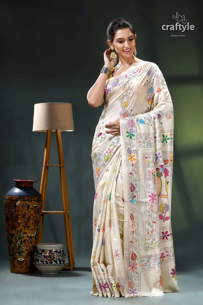 Pearl white parrot design multi-thread silk kantha work saree cream-colored saree floral embroidery crafted 6