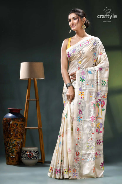 Pearl white parrot design multi-thread silk kantha work saree cream-colored saree floral embroidery yellow 3