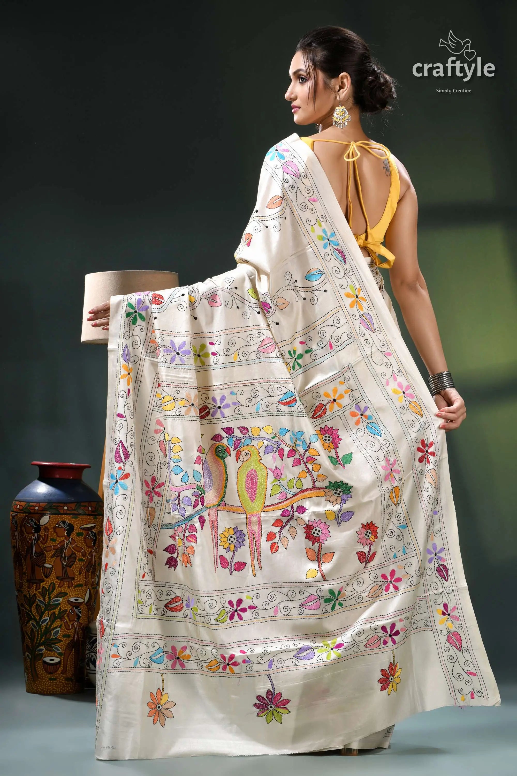 Pearl white parrot design multi-thread silk kantha work saree cream-colored saree intricate floral embroidery 4