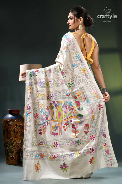 Pearl white parrot design multi-thread silk kantha work saree cream-colored saree intricate floral embroidery 4