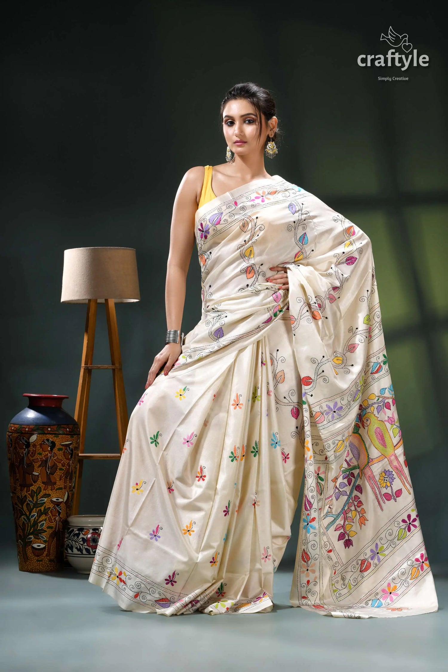 Pearl white parrot design multi-thread silk kantha work saree cream floral saree intricate embroidery 5