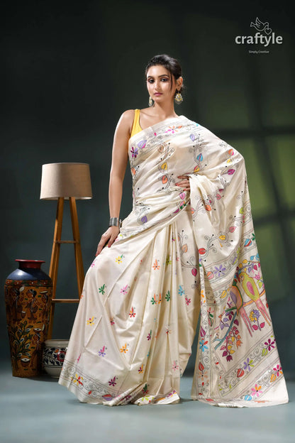 Pearl white parrot design multi-thread silk kantha work saree cream floral saree intricate embroidery 5