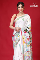 Pearl White Village Theme Artisanal Silk Kantha Saree-Craftyle