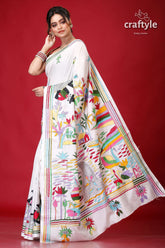 Pearl White Village Theme Artisanal Silk Kantha Saree-Craftyle