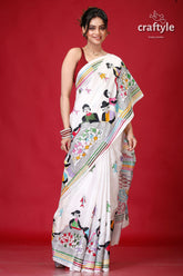 Pearl White Village Theme Artisanal Silk Kantha Saree-Craftyle