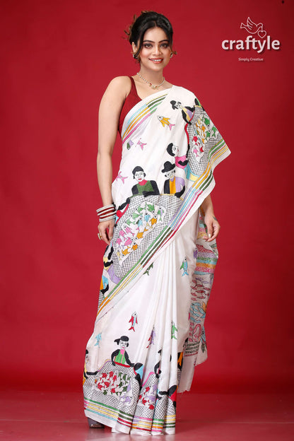 Pearl White Village Theme Artisanal Silk Kantha Saree-Craftyle