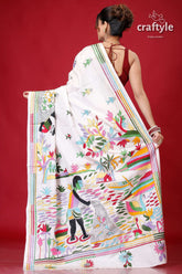 Pearl White Village Theme Artisanal Silk Kantha Saree-Craftyle