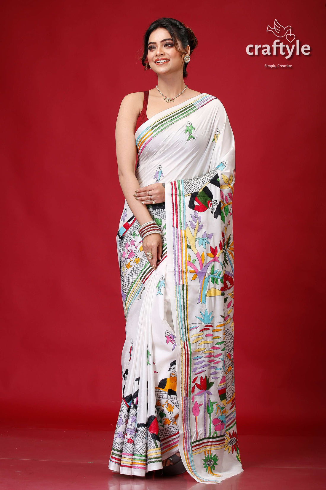 Pearl White Village Theme Artisanal Silk Kantha Saree-Craftyle