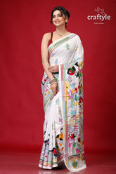 Pearl White Village Theme Artisanal Silk Kantha Saree-Craftyle