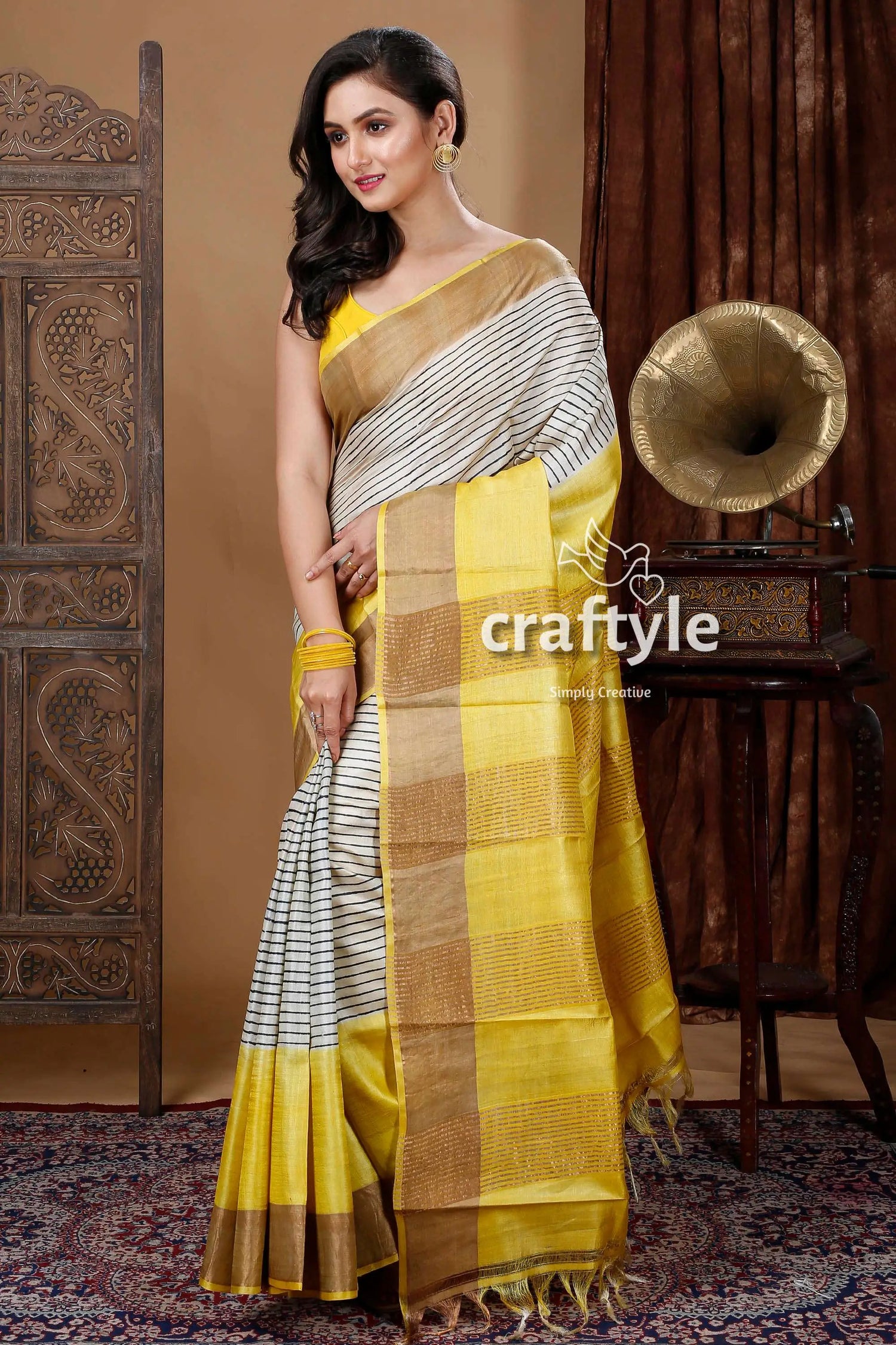 Pearl white &amp; yellow hand block print pure tussar silk saree for women yellow striped saree 3