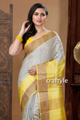 Pearl white & yellow hand block print pure tussar silk saree for women striped saree yellow border 2