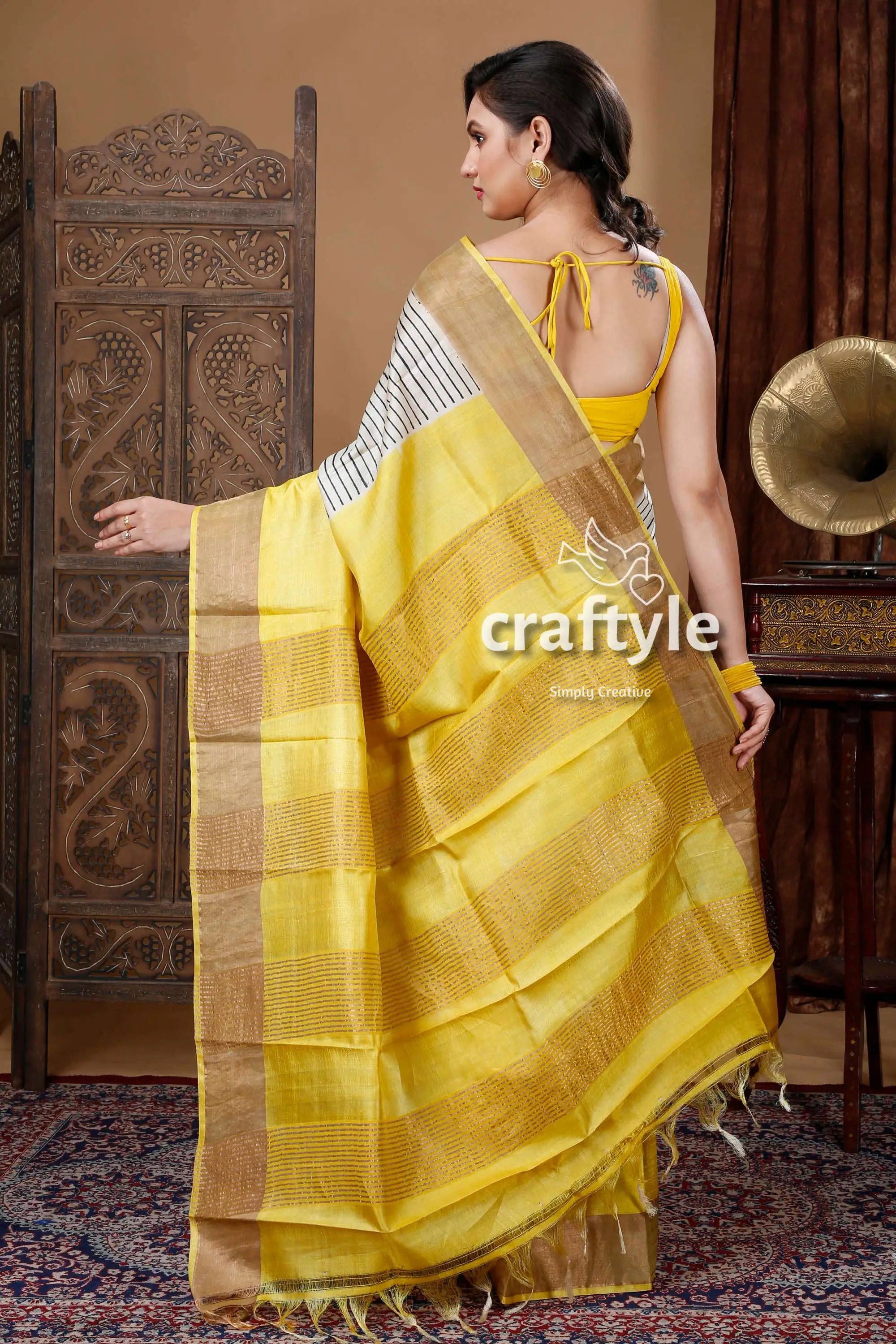 Pearl white &amp; yellow hand block print pure tussar silk saree for women yellow gold saree 4