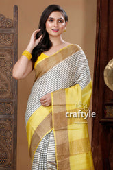 Pearl White & Yellow Hand Block Print Pure Tussar Silk Saree for Women - Craftyle