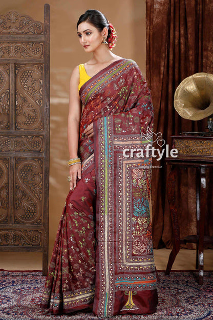 Pecan Brown Warli Design Silk Kantha Embroidery Saree-Craftyle