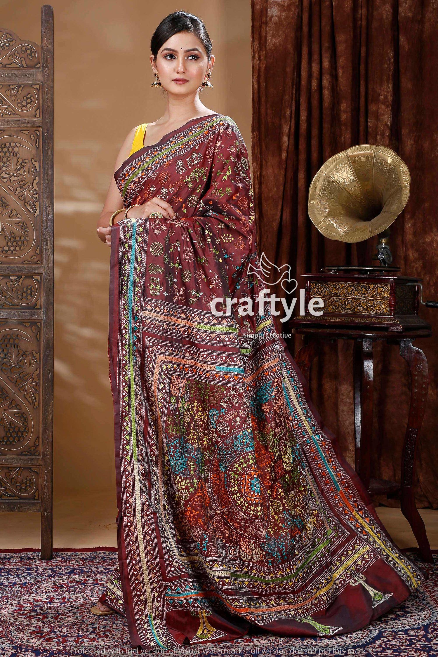 Pecan Brown Warli Design Silk Kantha Embroidery Saree-Craftyle