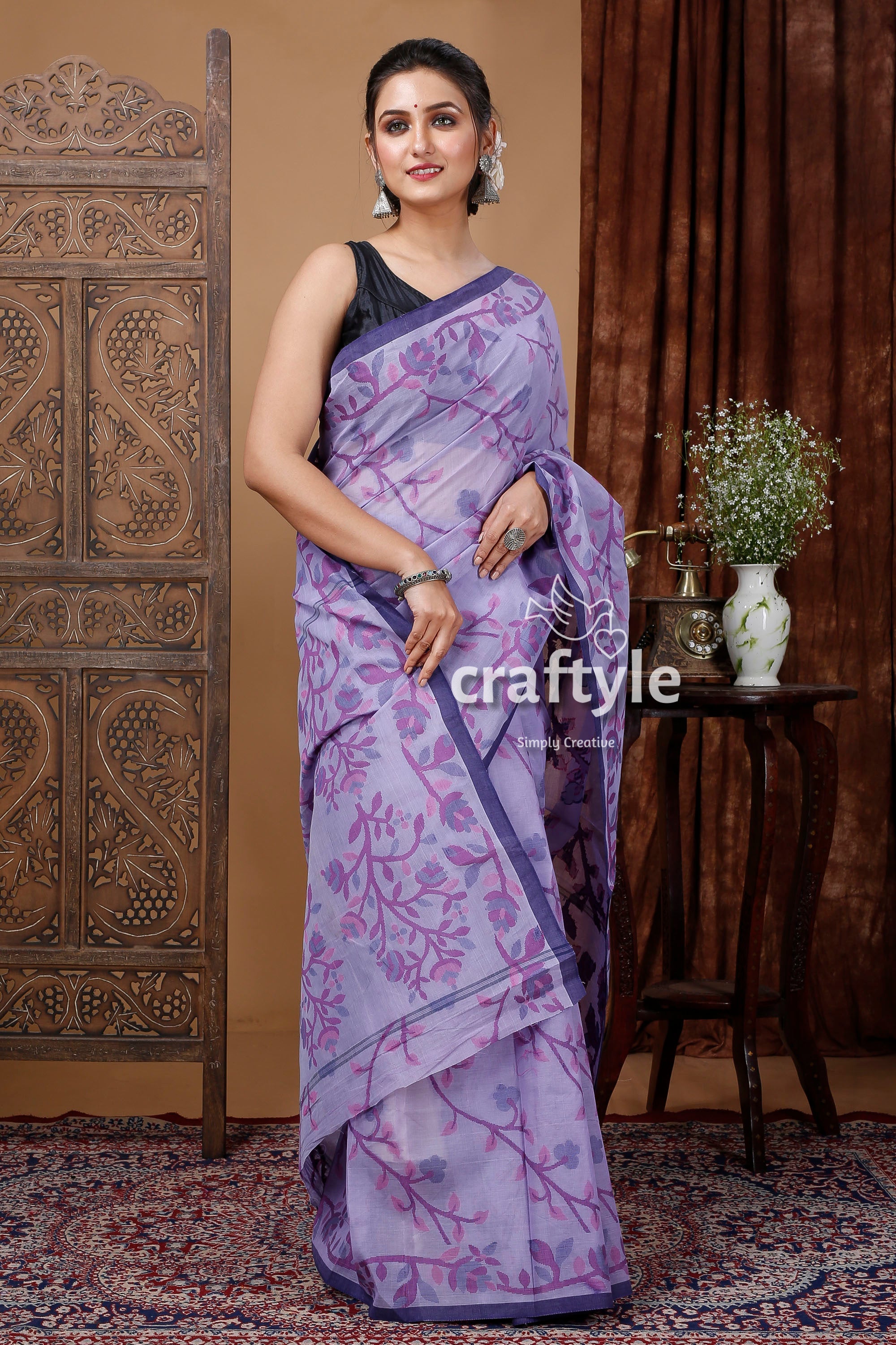 Perano Blue Cotton Jamdani Saree - Traditional Indian Drape - Craftyle