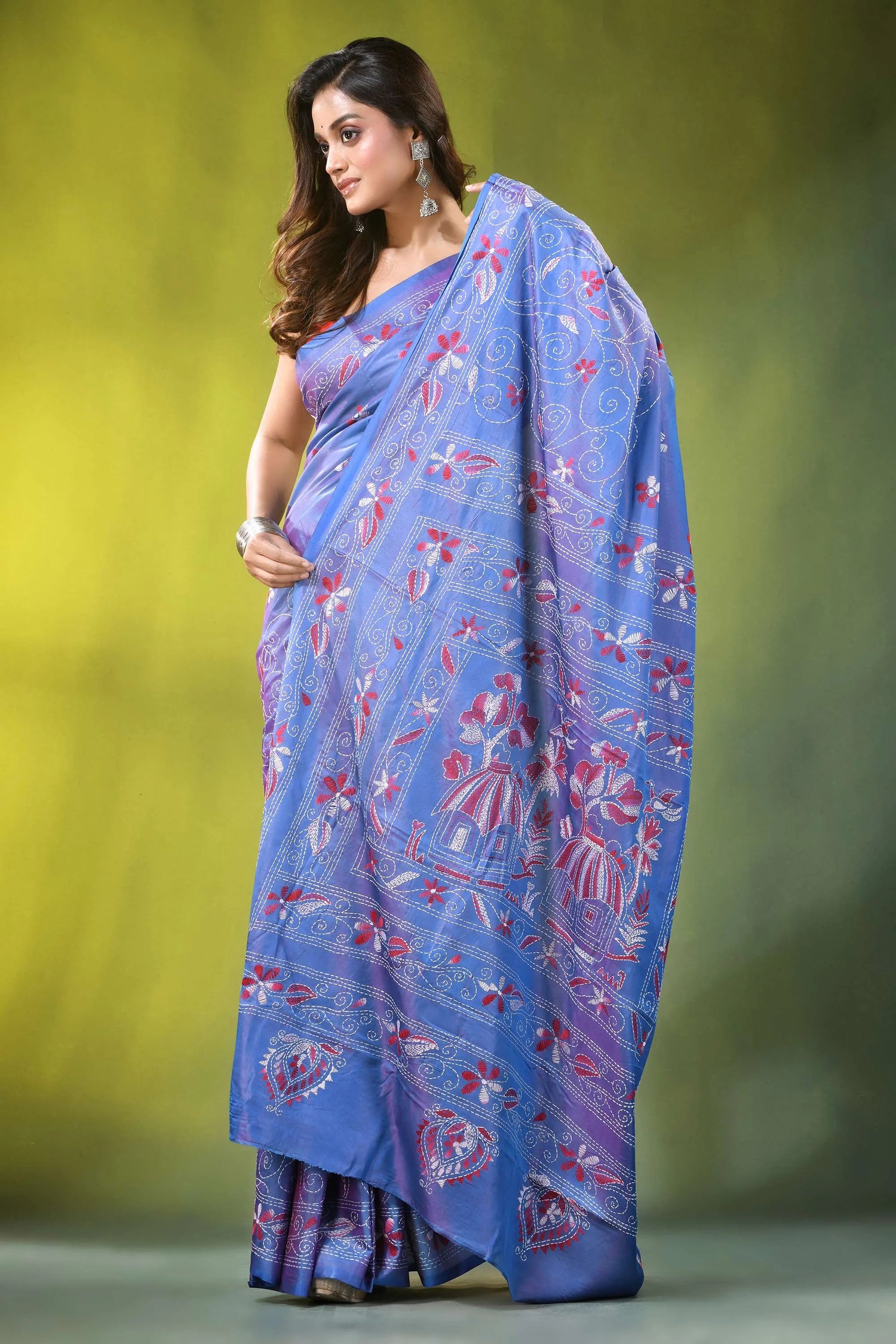 Periwinkle blue folk art silk kantha saree - hand embroidered woman wears light 4