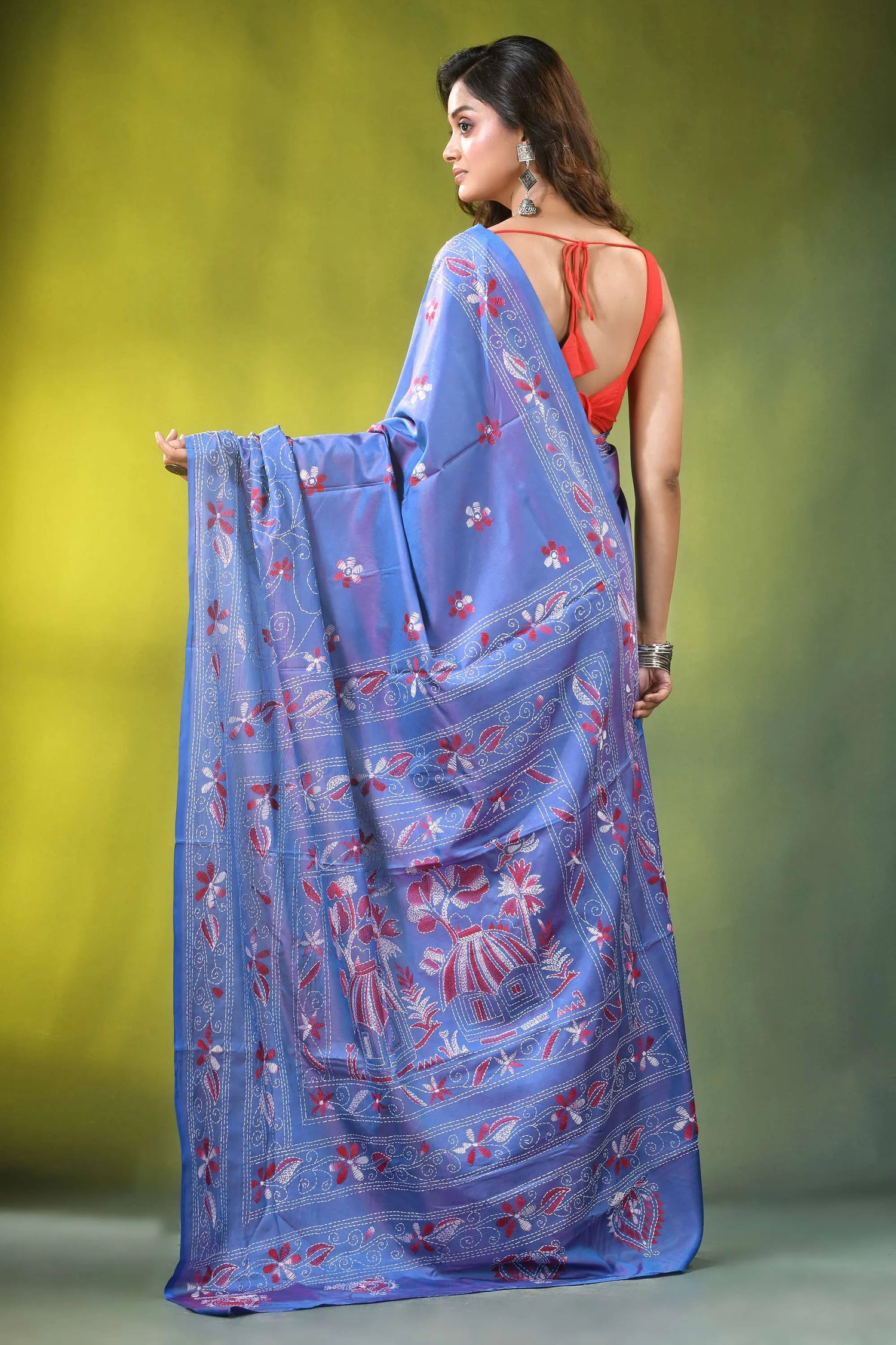 Periwinkle blue folk art silk kantha saree - hand embroidered light intricate red 5