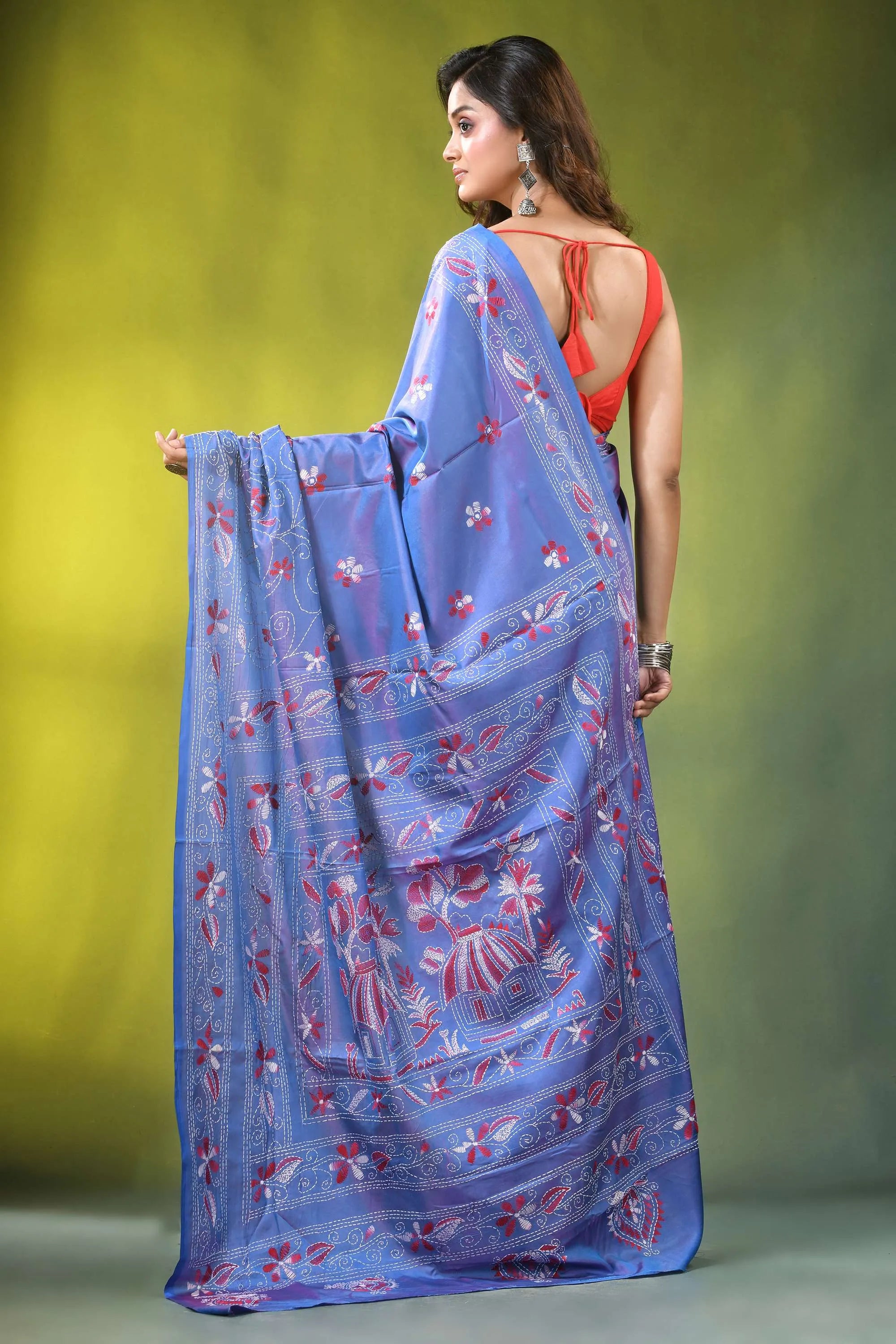 Periwinkle blue folk art silk kantha saree - hand embroidered light intricate red 5