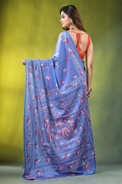 Periwinkle blue folk art silk kantha saree - hand embroidered light intricate red 5