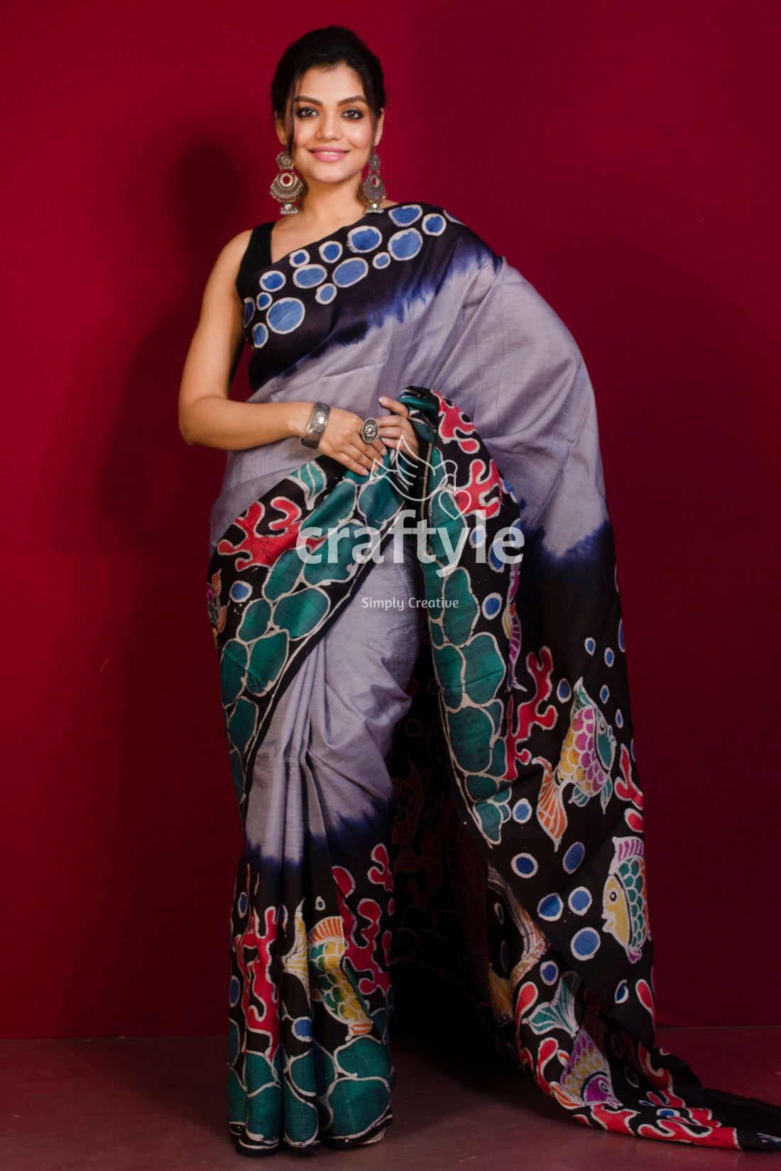Periwinkle Blue Matsya Kanya Handpainted Batik Pure Murshidabad Silk Saree-Craftyle