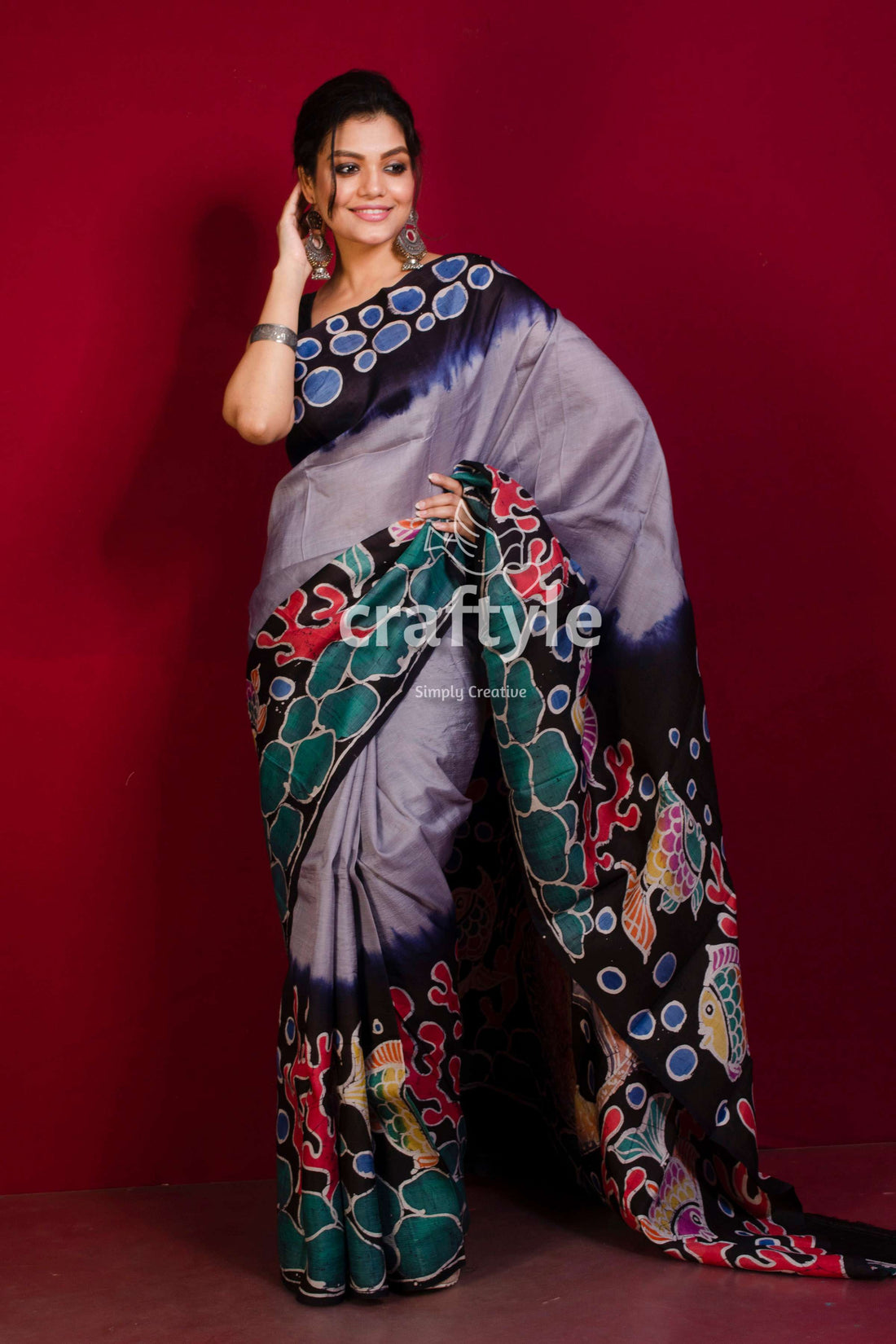 Periwinkle Blue Matsya Kanya Handpainted Batik Pure Murshidabad Silk Saree-Craftyle