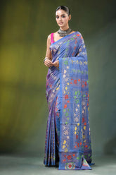 Periwinkle blue multithread kantha silk saree - shakuntala design woman wears vibrant 1