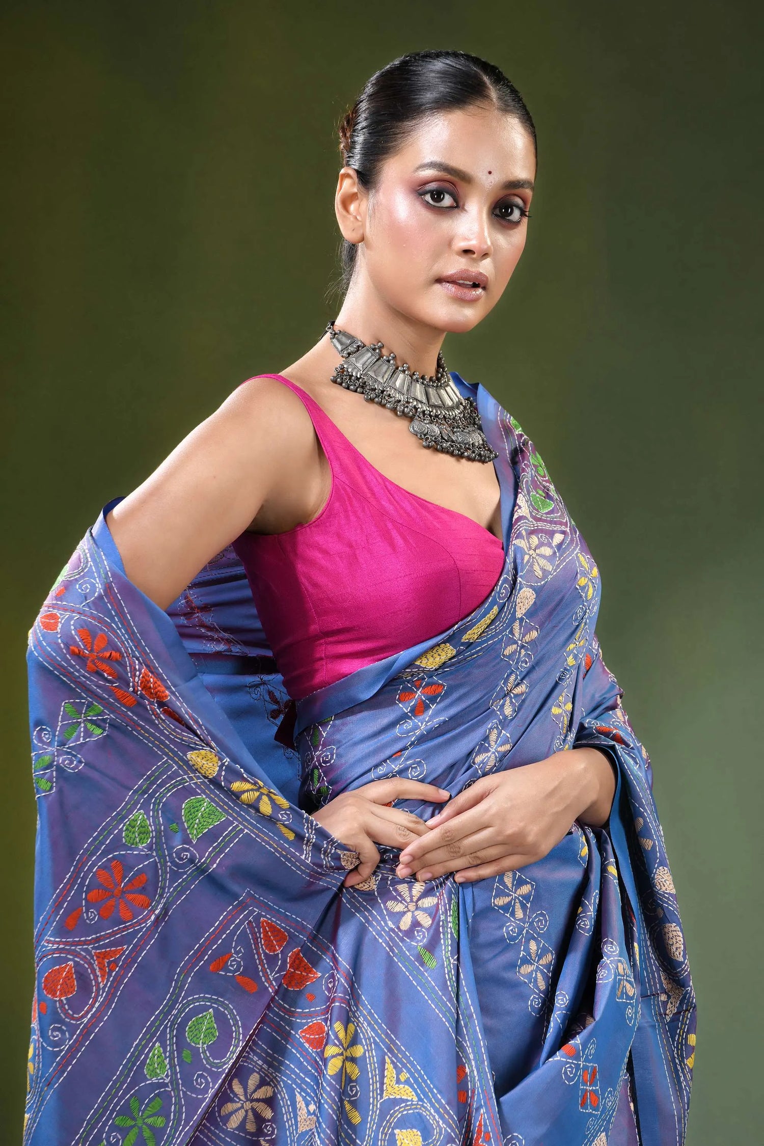Periwinkle blue multithread kantha silk saree - shakuntala design woman wears vibrant 2