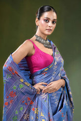 Periwinkle blue multithread kantha silk saree - shakuntala design woman wears vibrant 2