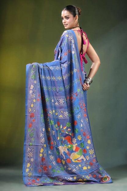Periwinkle blue multithread kantha silk saree - shakuntala design vibrant adorned 6