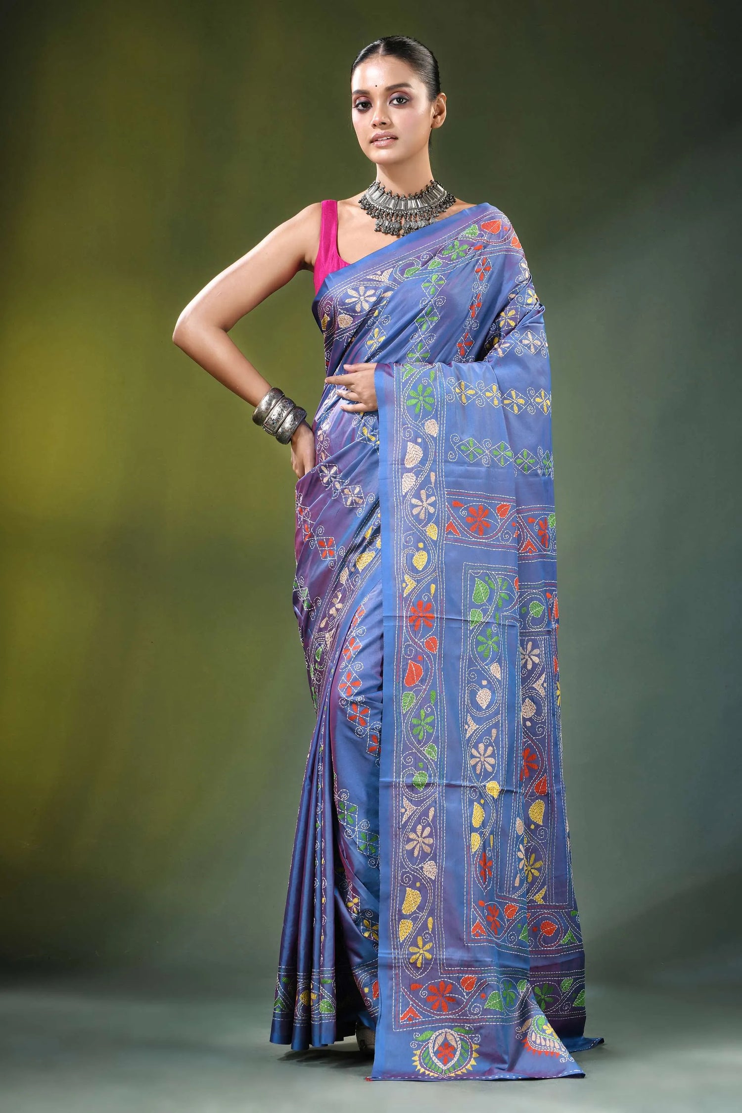 Periwinkle blue multithread kantha silk saree - shakuntala design vibrant adorned 7