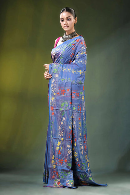 Periwinkle blue multithread kantha silk saree - shakuntala design woman wears vibrant 3