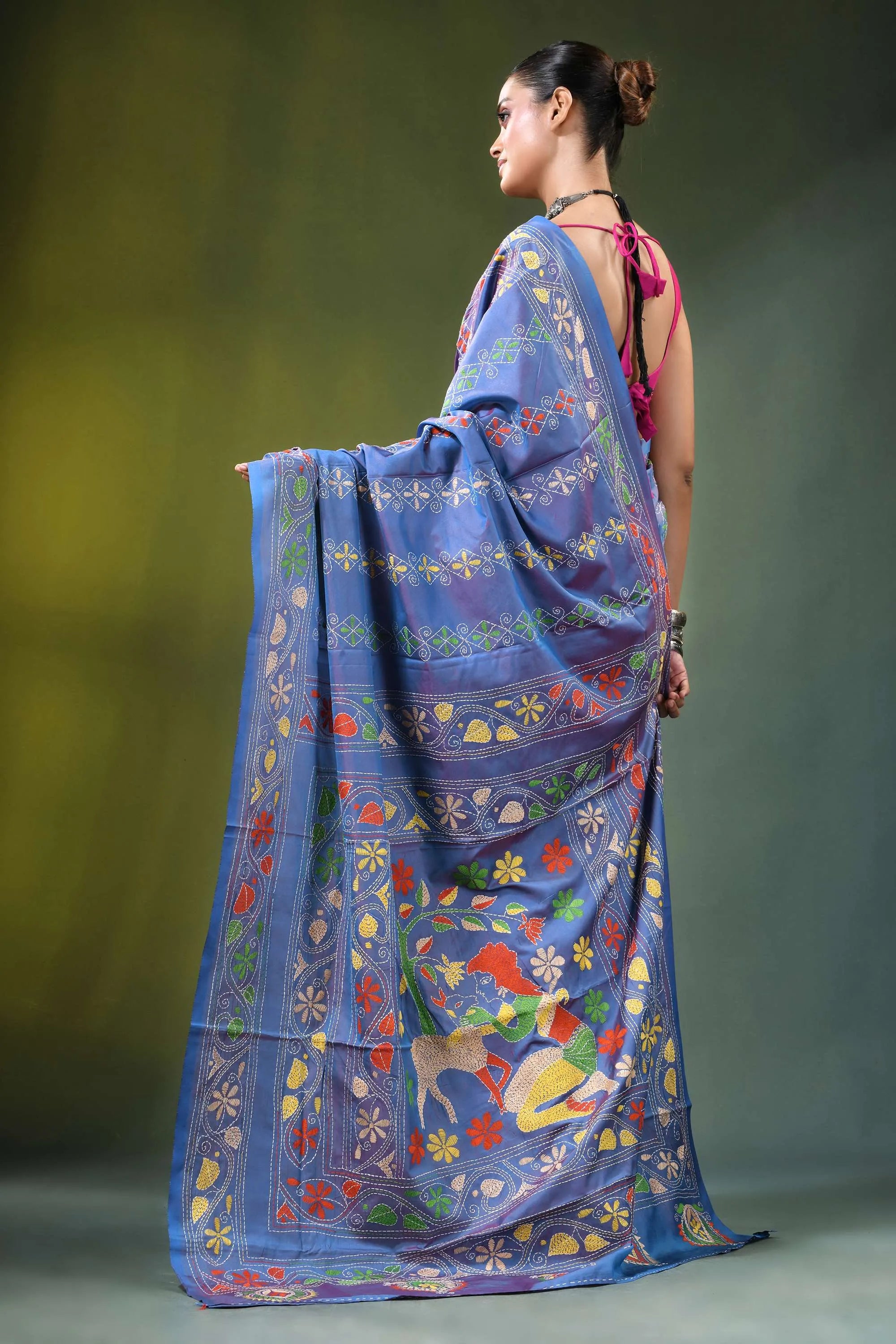 Periwinkle blue multithread kantha silk saree - shakuntala design vibrant adorned intricate 4