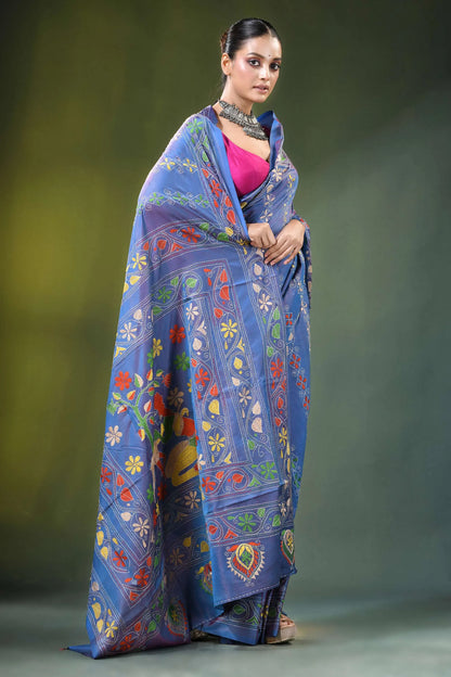 Periwinkle blue multithread kantha silk saree - shakuntala design vibrant adorned intricate 5