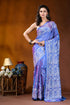 Periwinkle blue paisley motif handcrafted kutch embroidery silk saree woman wears vibrant blue purple 1