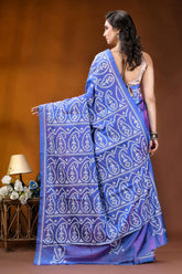 Periwinkle blue paisley motif handcrafted kutch embroidery silk saree vibrant royal blue saree adorned 5