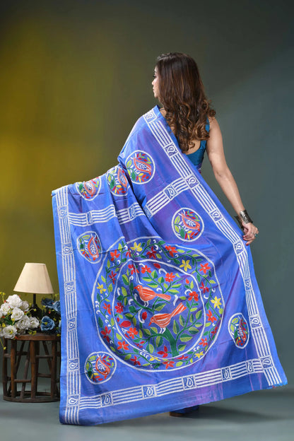 Periwinkle blue swan motif handmade silk kantha saree vibrant blue saree adorned intricate 5