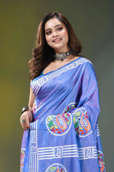 Periwinkle blue swan motif handmade silk kantha saree vibrant blue silk saree adorned 2