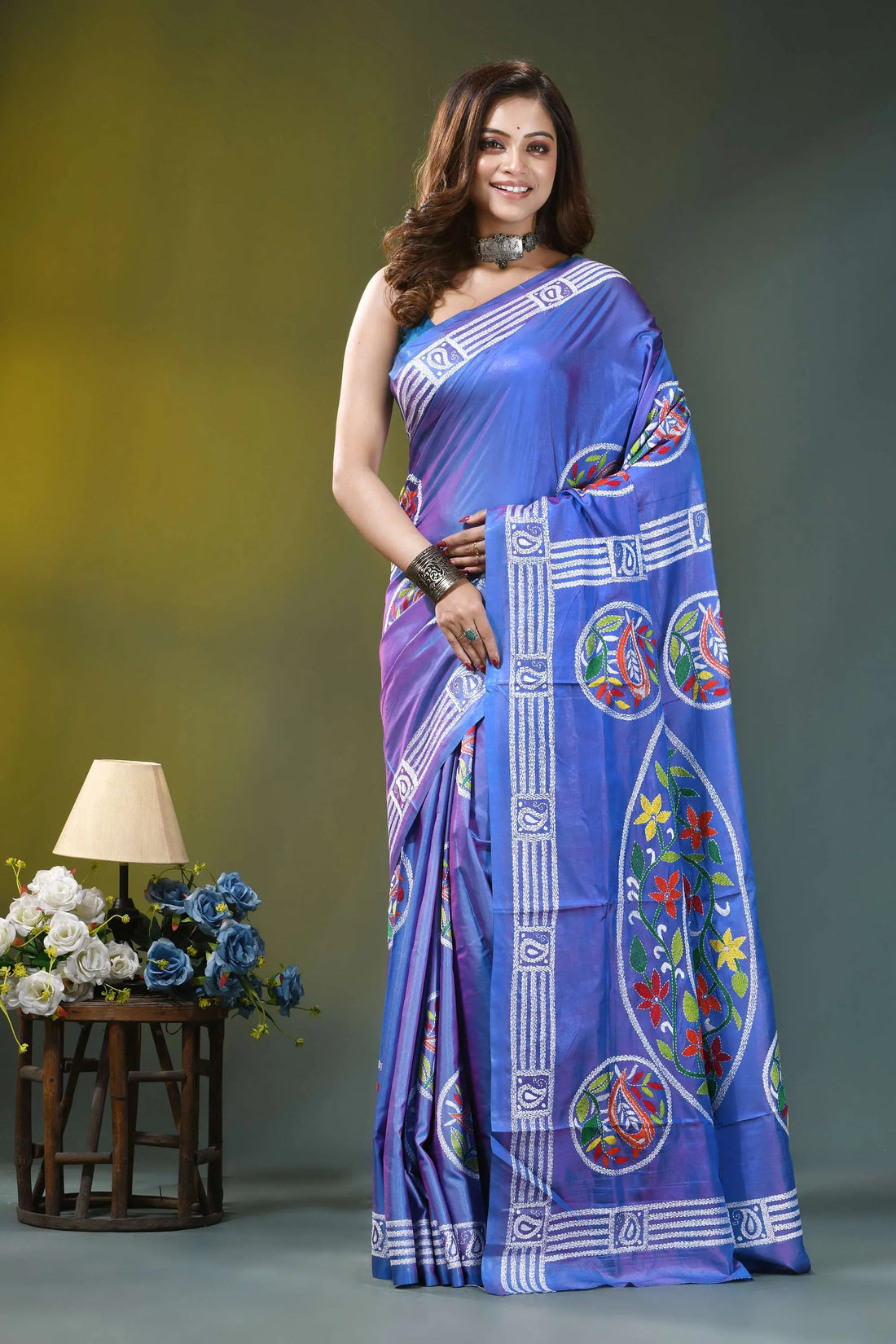 Periwinkle blue swan motif handmade silk kantha saree vibrant blue silk saree adorned 1