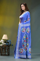 Periwinkle blue swan motif handmade silk kantha saree vibrant royal blue saree adorned 3