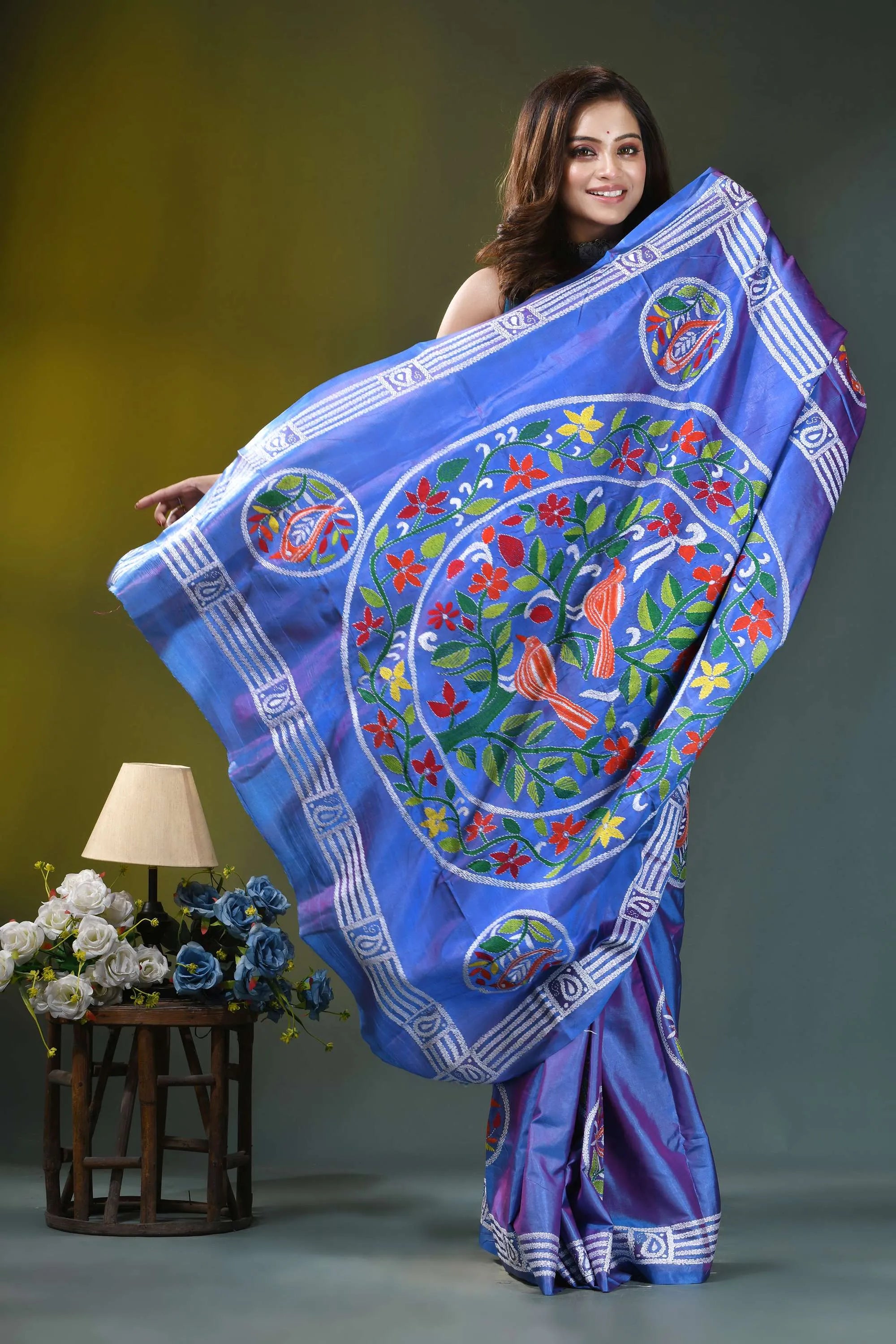 Periwinkle blue swan motif handmade silk kantha saree vibrant blue silk saree adorned 7