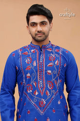 Persian blue floral motif kantha work cotton mens kurta vibrant royal men’s 2