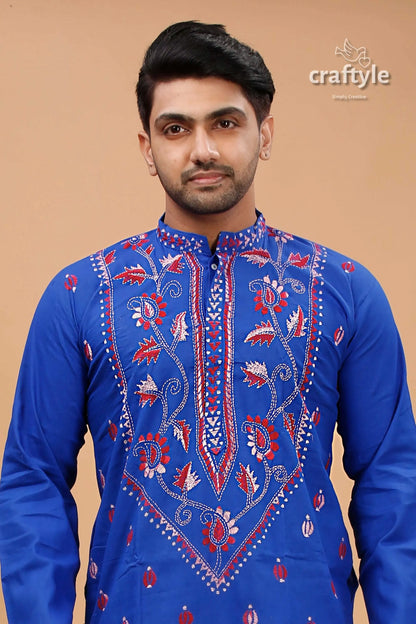 Persian blue floral motif kantha work cotton mens kurta vibrant royal men’s 2
