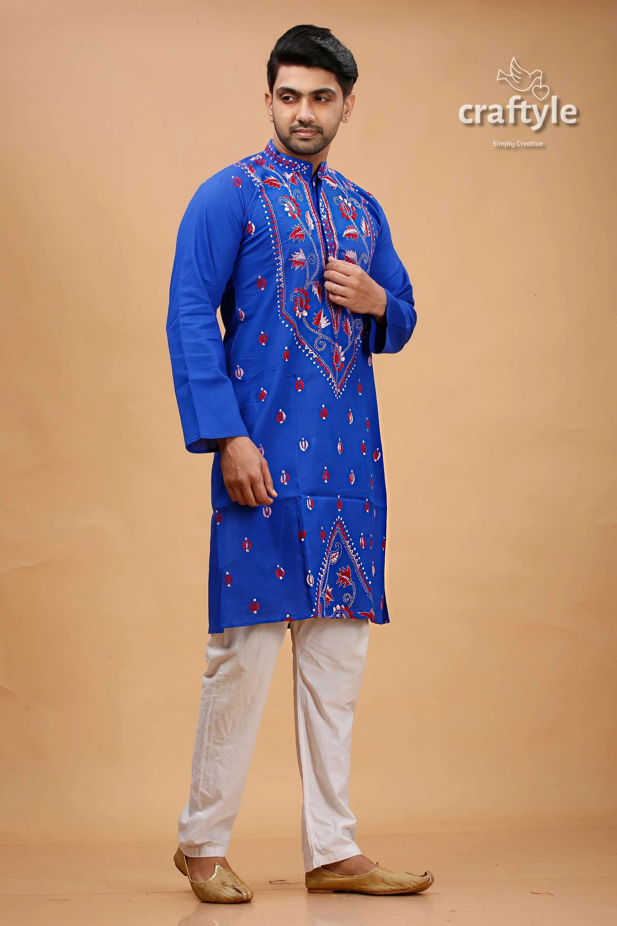 Persian blue floral motif kantha work cotton mens kurta vibrant royal men’s 4