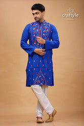 Persian blue floral motif kantha work cotton mens kurta vibrant royal embroidered 1