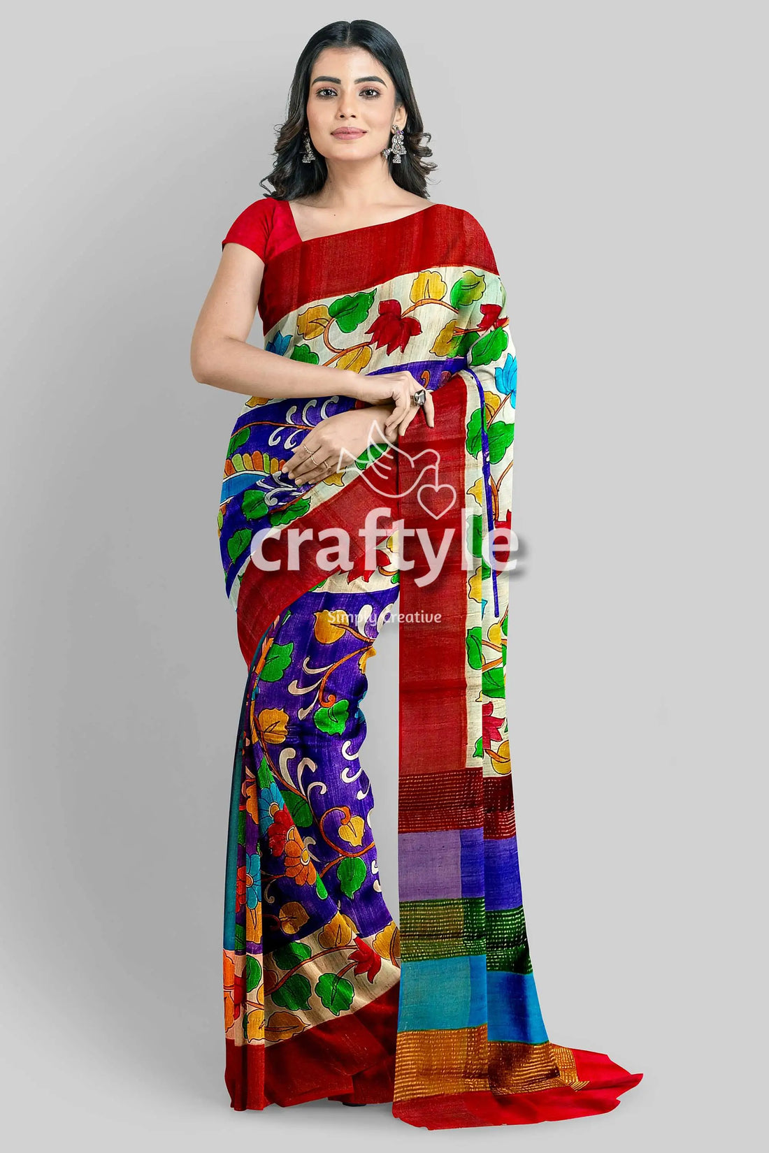 Persian blue handcrafted tussar saree with zari border - pure kalamkari design woman colorful saree 2