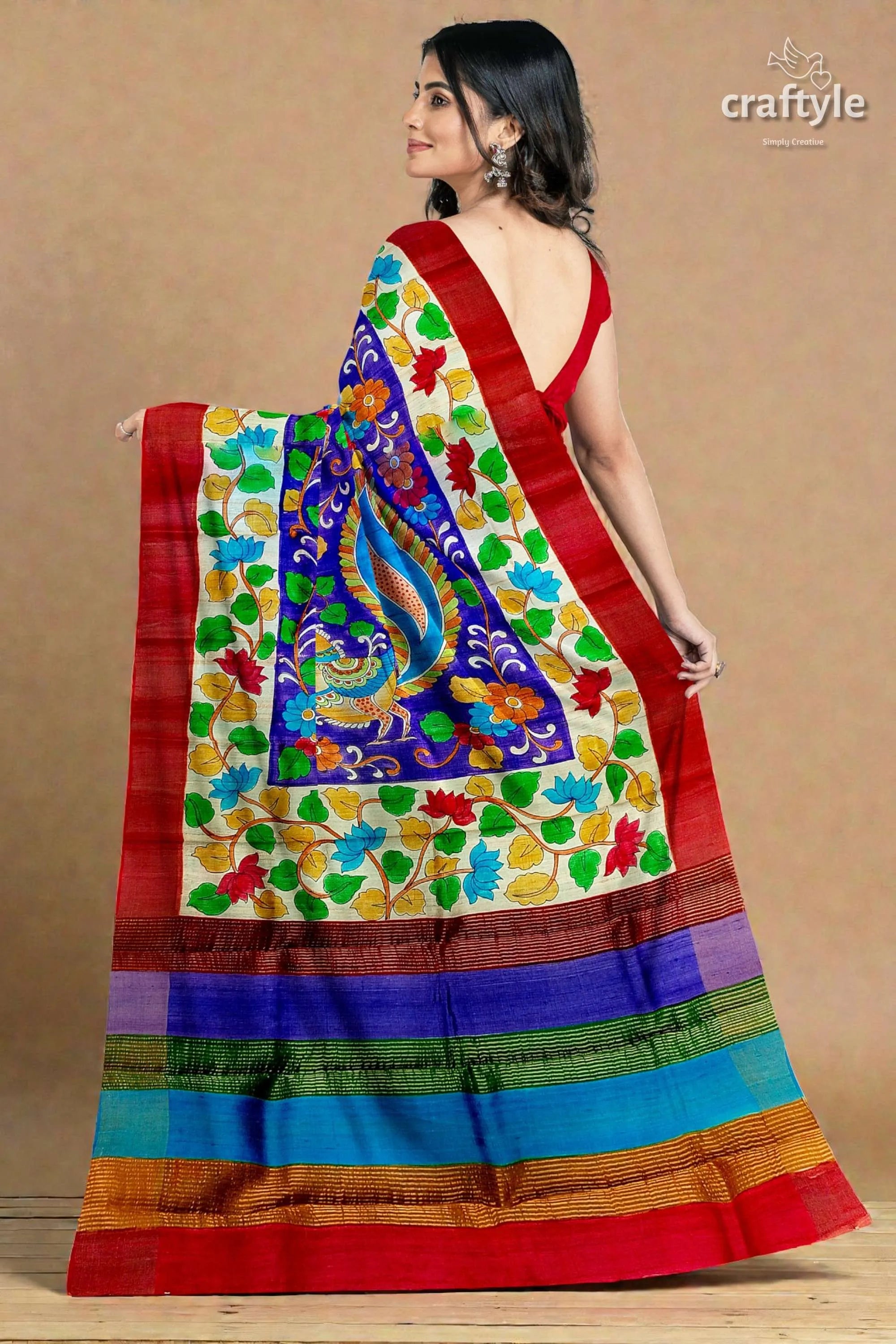 Persian blue handcrafted tussar saree with zari border - pure kalamkari design vibrant hand-embroidered saree central