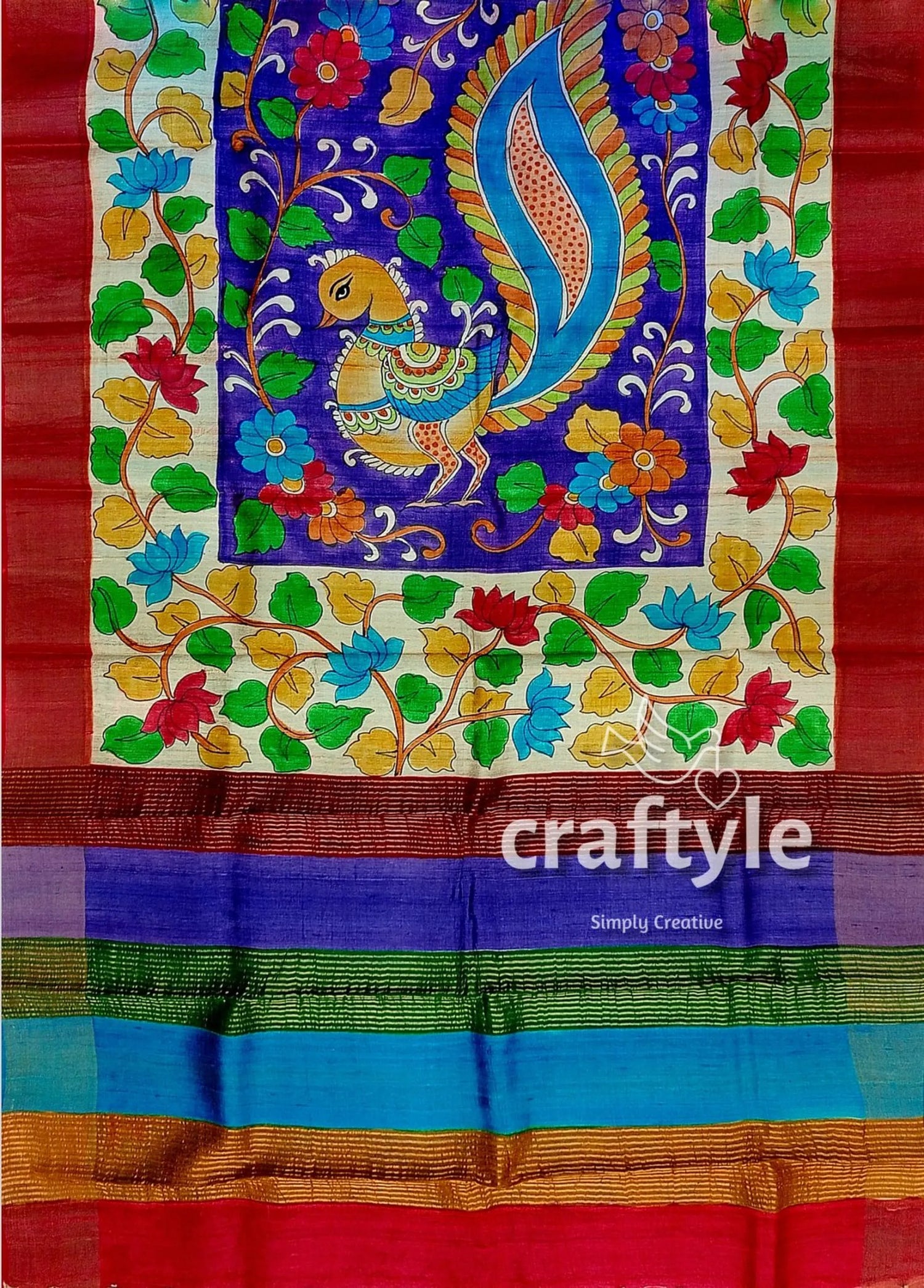 Persian blue handcrafted tussar saree with zari border - pure kalamkari design hand-painted silk saree peacock motif 6