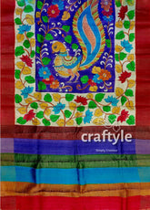 Persian blue handcrafted tussar saree with zari border - pure kalamkari design hand-painted silk saree peacock motif 6